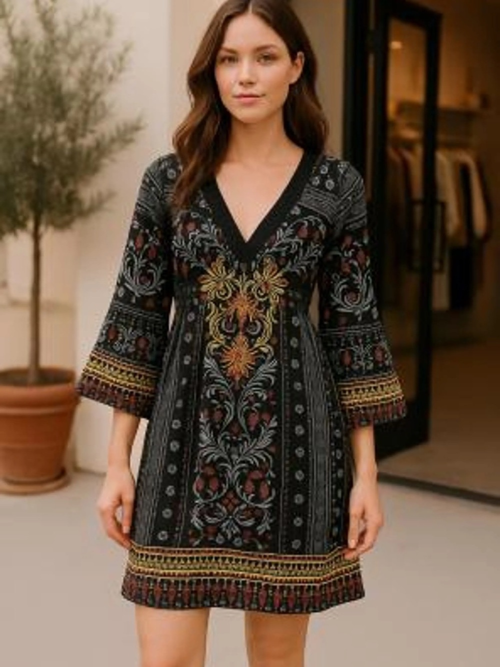 Forever 21 Embroidered Black Tunic Mini Dress Boho Hippie Ethnic Peasant M